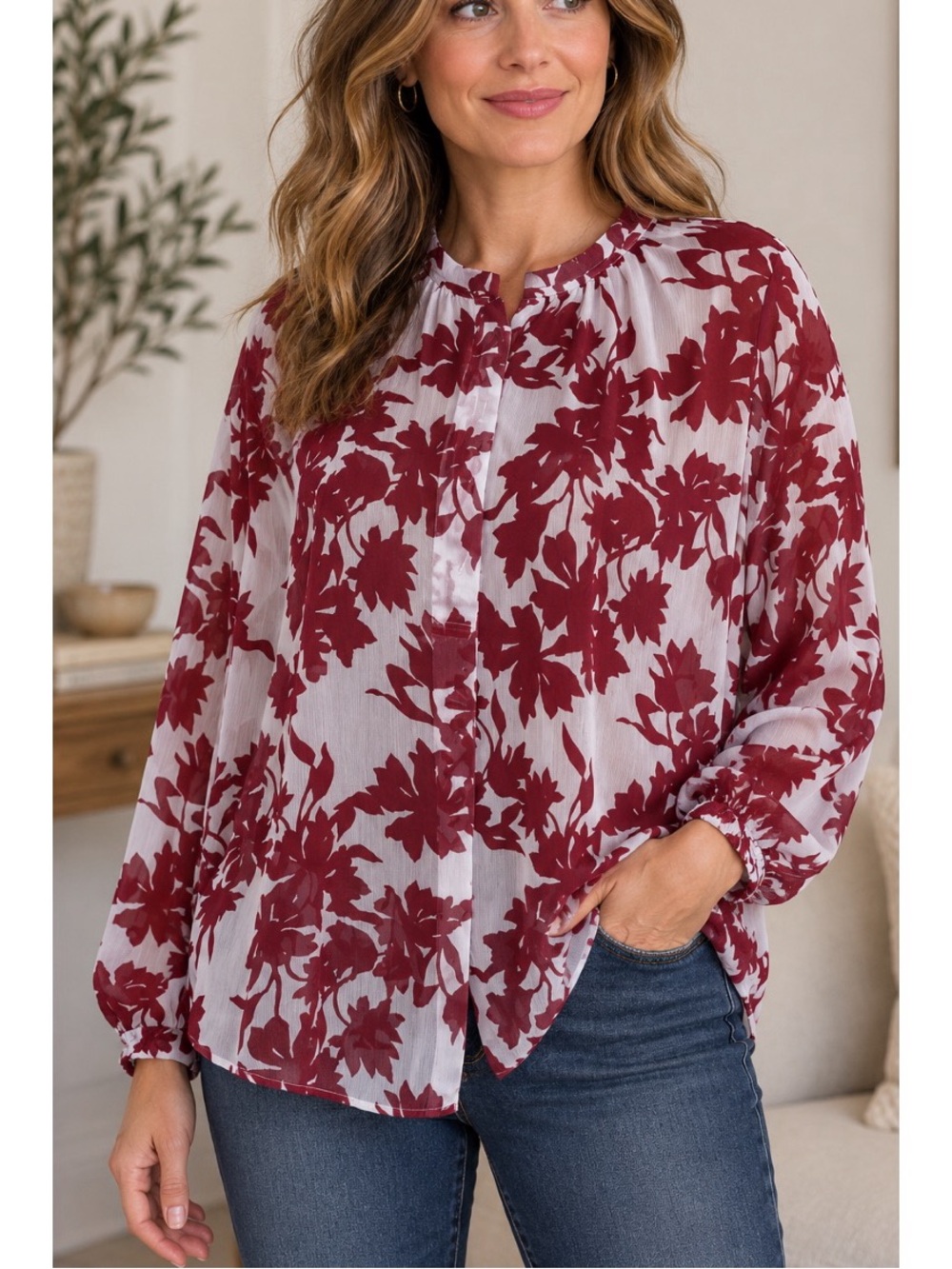 A New Day floral chiffon blouses, this item is likely a printed button-front top
